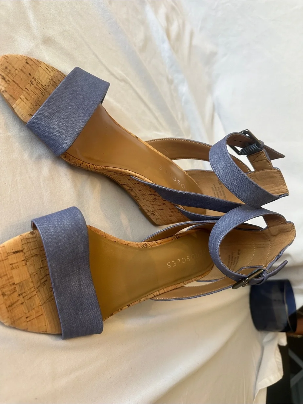 AEROSOLES Denim Blue Cork Wedge Sandals with Ankle Strap